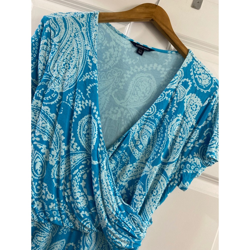 Lands End Blue Paisley Faux Wrap Dress Womens 14-16 Short Sleeve V-Neck Jersey